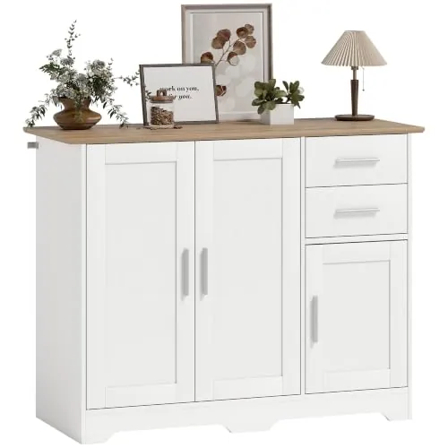 HOMCOM Aparador de 3 Puertas 2 Cajones 100x40x78 cm Blanco y Natural | Aparador de Salón, Armario de Cocina con Estante Ajustable, para Entrada, Dormitorio