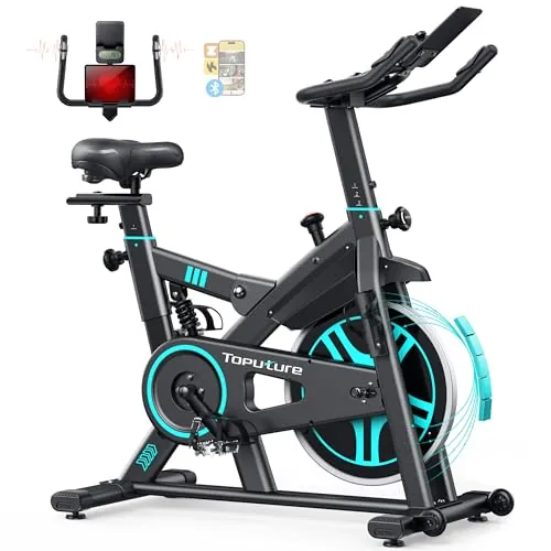 Toputure Bicicleta Estática para Uso DoméStico con APP y Volante 15KG, Muelle Amortiguado para Absorción de Impactos, Bicicleta de Spinning Magnética para Interior, Fitness y Cardio en Casa, MAX 160KG