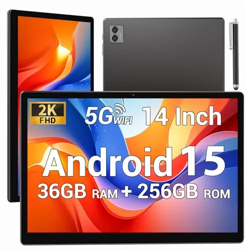BEYNIVAN Tablet 14 Pulgadas Android 15 Tableta 5G WiFi,11580mAh y 20W,36GB RAM+256GB ROM/2000 * 1200 incell FHD/Face ID/GPS/BT 5.0/TÜV/USB-C,Tablet con Lapiz,Gris