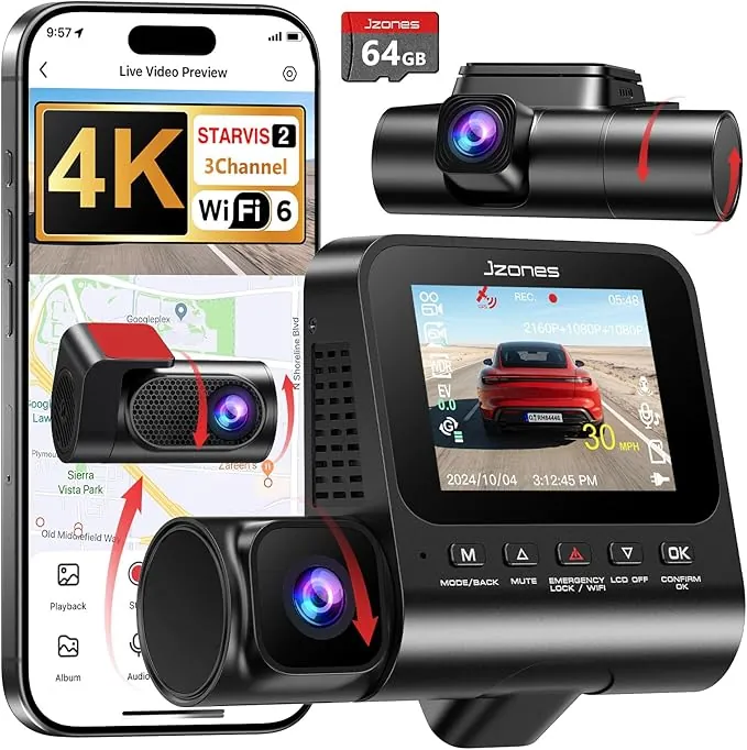 3 Canales Dashcam Cámara Coche 4K STARVIS 2 y HDR - Camara vigilancia Coche 4K Frontal,1080P Interior y Trasero,WiFi 6,GPS,G-Sensor,vigilancia del estacionamiento Las 24 Horas, Tarjeta de 64GB