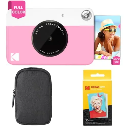 KODAK: Paquete básico de cámara instantánea Printomatic (Rosado) + Papel Zink (20 Hojas) + Funda cómoda .