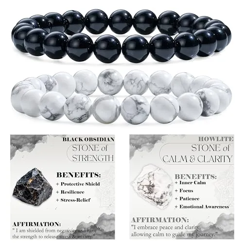Bivei 2 Piezas 4mm pulseras piedras naturales - Obsidiana Negra, Howlita - Pulsera Piedras Naturales Mujer Hecha a Mano para Yoga, Meditación y Regalos de Protección