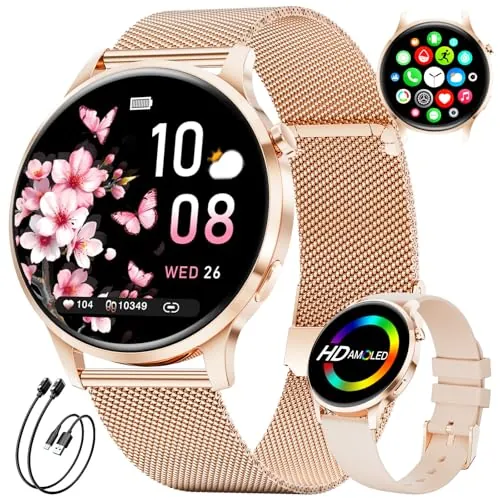 LIGE Reloj Inteligente Mujer 1.32" AMOLED Ultrafino, Llamadas Bluetooth, 116 Modos Deportivos, Monitor de Salud Femenina/Frecuencia Cardíaca y Sueño con Android e iOS, 2 Correas y 2 Cables, FV23-C