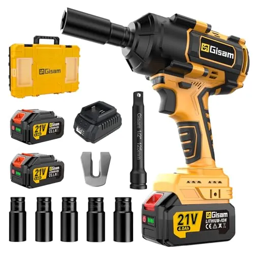 Gisam 1000N.m Llave De Impacto con 8000mAh Baterías, 1/2 Pistola De Impacto Electrica para Coches Camiones,con 5Enchufes, Barra de extensión de 5",Atornillador de Impacto Giratorio Para Coche Tiers