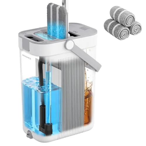 SONGMICS Juego de Fregona y Cubo, Separación de Agua Limpia y Sucia | Fregona Plana, 3 Compartimentos con Escurridor, Cabezal de 360°, 3 Paños de Microfibra, Colección CLEMAX LMB001WT03