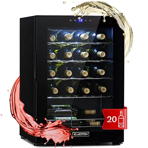 KLARSTEIN Shiraz Vinoteca Negro – 20 Botellas, 53 L, 1 Zona | Nevera para Vinos de Libre Instalación, Puerta de Cristal, Silenciosa, 5–18 °C, LED, Marco Inox