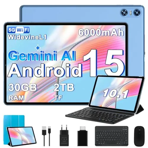 BIEGEDY 2026 Tablet 10 Pulgadas Android 15, Gemini AI, Octa-Core, 5G WiFi 6, 30GB RAM (2TB TF), Widevine L1, GMS, GPS, BT 5.0, 6000mAh, 5+8MP, 3.5mm Audio, FHD Tablet con Teclado+ Ratón + Funda, Azul