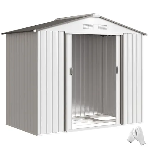 Outsunny Caseta de Jardín Exterior, 2,5 m² 213x130x185 cm, Cobertizo de Jardín Exterior Metálico con 2 Puertas Correderas, Base Refuerzo (Suelo NO Incluido) y 4 Ventanas, Blanco
