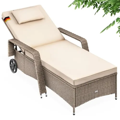 CASARIA® Tumbona Jardín Poliratán hasta 160kg 193x90cm Respaldo Regulable Acolchado 7cm Cojín 2 Ruedas Crema