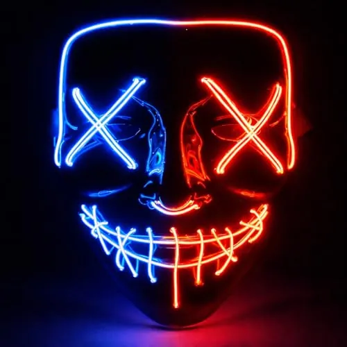 Máscara de terror LED rojo y azul - como de Purge con 3 efectos de luz, controlable, para Halloween como disfraz para hombres y mujeres