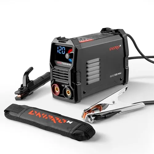DNIPRO-M Soldador Inverter i120 Mini, 120A, Tecnología IGBT, MMA para Electrodos 1,6–3,2 mm, VRD, Hot Start, Arc Force, Anti Stick, Pantalla LED, 2,06 kg, 230V desde 170V, con Cables y Correa