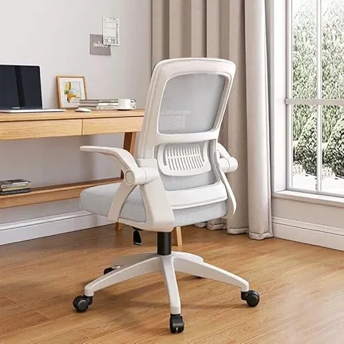 WXJHL Silla de Oficina en Casa Ergónómica de Malla Transpirable - Respaldo Alto Ajustable en Altura,Giratoria con Reposabrazos Abatibles y Soporte Lumbar(Blanco)