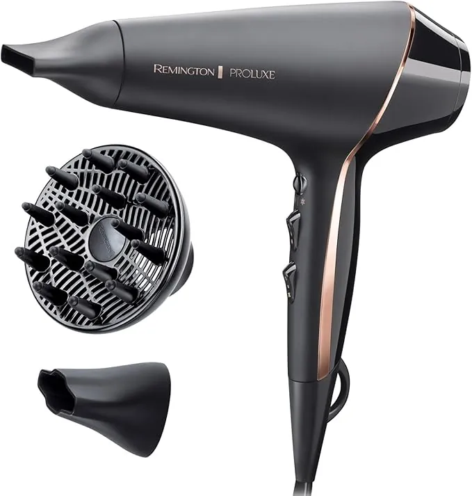 Remington Secador de Pelo Profesional PROluxe Midnight Edition - 2400 W, Iónico, Tecnología OPTIHeat, Sin Encrespamiento, Motor AC, Difusor y Concentrador, 3 Temperaturas, 2 Velocidades - AC9140B