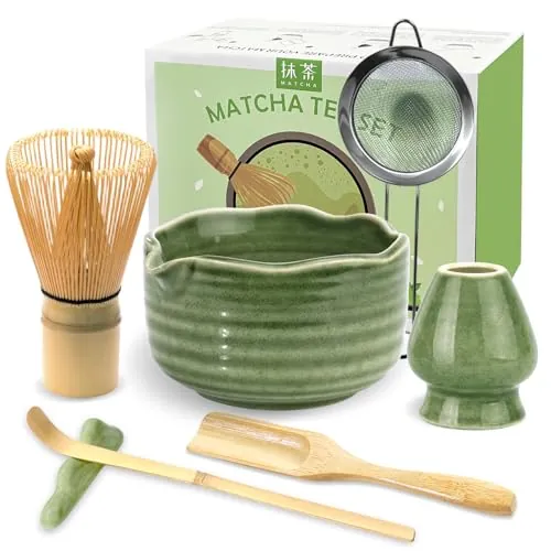 JBER Matcha Kit 7 Piezas - Kit Té Matcha de Ceremonia Japonesa con Tazón con Pico, Batidor de Bambú Chasen y Accesorios Completos, el Juego de Matcha Perfecto para Amantes del Té Matcha, Verde Retro