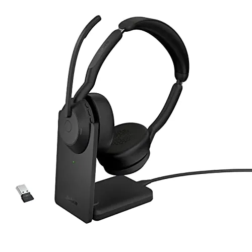 Jabra Evolve2 55 Auriculares Estéreo Inalámbricos con Base de Carga, Tecnología Jabra Air Comfort, Micrófonos con Cancelación de Ruido y ANC, para Plataformas UC como Zoom y Google Meet, Negro