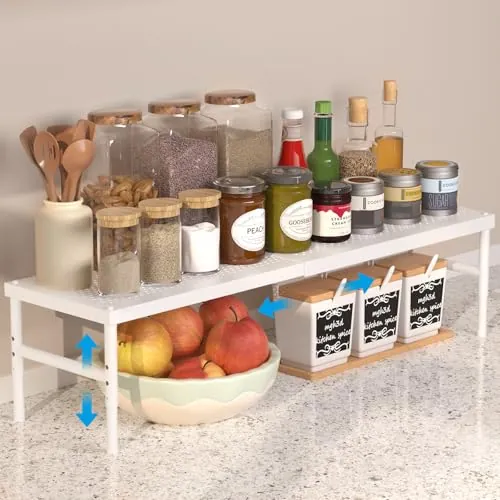 HI NINGER Estante Cocina Extensible 42–72 cm, Ajustable y Apilable Blanco | Estante organizador para armario, encimera y despensa, ideal para especias, vajilla y accesorios de cocina, sin taladrar.