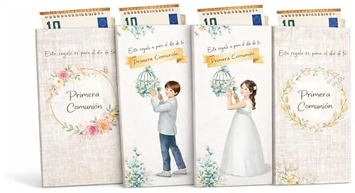 A ARGUVAL EDITORIAL Billeteros magico Primera Comunión Niña y Niño, Pack de 4 modelos | Papel Estucado 200g | Ilustraciones Originales | Estampado Plata Elegante | Tamaño 16,5x11 cm | Regalo Dinero