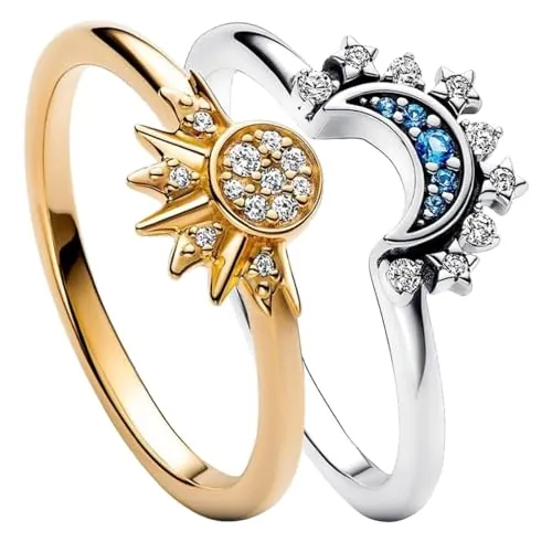 Reccisokz 2 Piezas Anillo de Sol y Luna de Plata para Niña Anillos de Oro con Diamantes Simulados para Aniversario de Cumpleaños Regalo de Boda