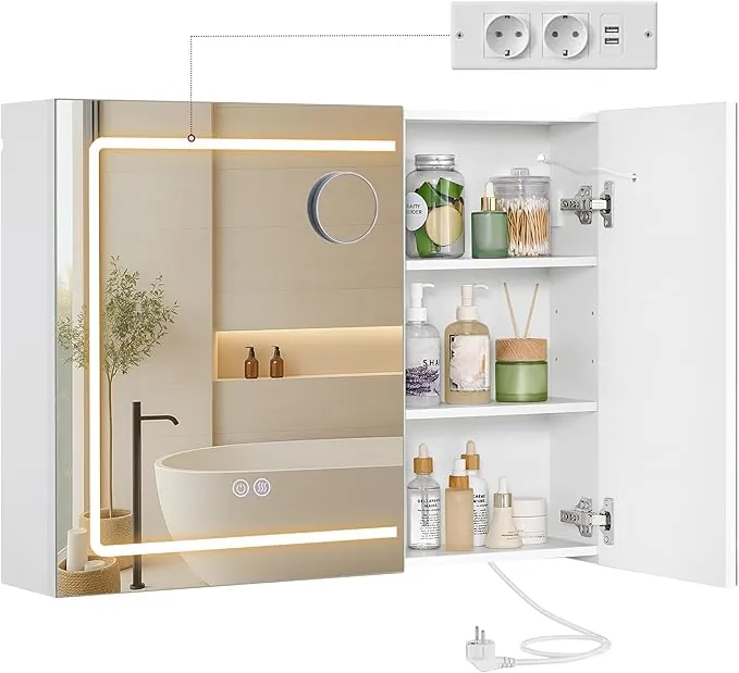 VASAGLE Kailyn Colección - Armario de Pared para Baño con Espejo, con LED, Multienchufe, Función Antivaho, Espejo de Aumento 10x, Estilo Moderno, 16,5 x 80 x 60 cm, Blanco BBK134W01