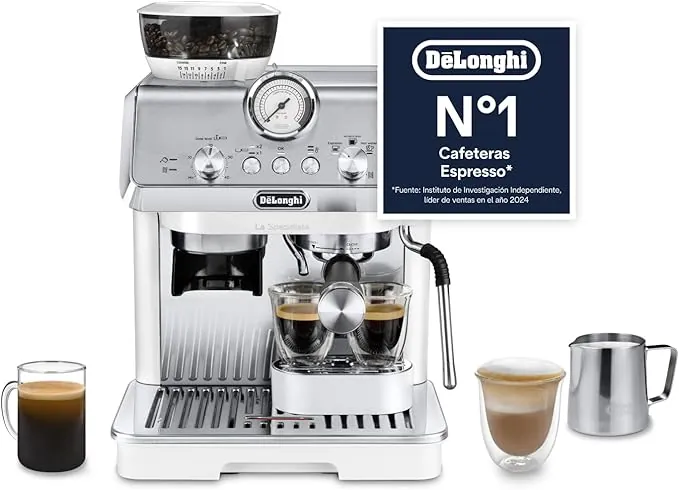 De'Longhi La Specialista Arte EC9155.W, Cafetera Expresso Manual, Tecnología de Molido con Sensor y 8 Ajustes, Control Activo de la Temperatura, Espumador de Leche MyLatte Art, 1550 W, Blanco