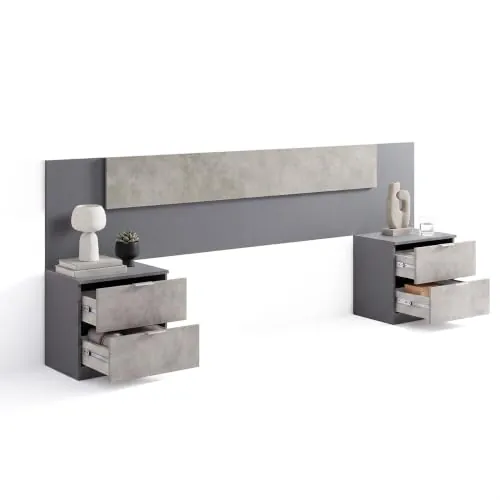 duehome | Cabecero Akari con 2 Mesitas de Noche y 4 Cajones, Cabecero de Cama para Dormitorio, Acabado en Gris Grafito y Cemento, Medidas: 247 cm (Largo) x 50 cm (Alto) x 3 cm (Fondo)