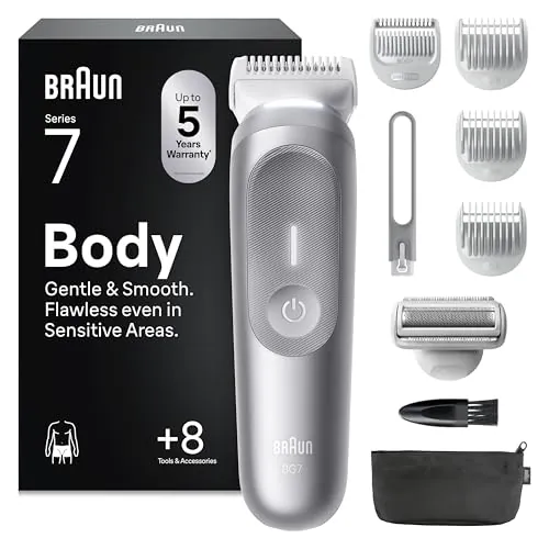 Braun Recortadora Corporal Hombre Series 7 BG7555, Gris - Afeitadora Corporal Masculina para Pieles Sensibles, +8 Accesorios de Rasurado, 100 Min de Autonomía, Recorta & Afeita, Resistente al Agua