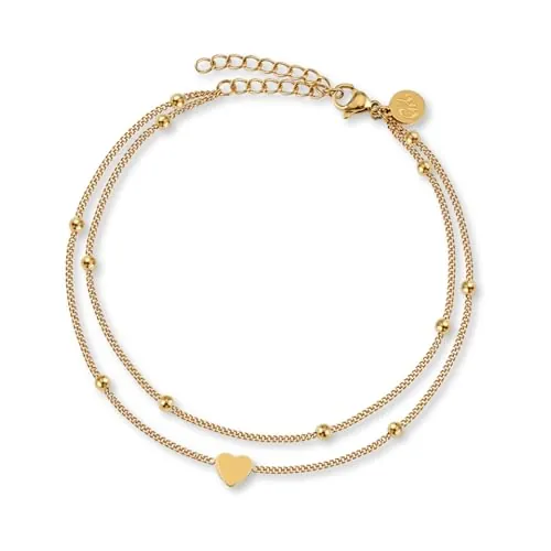 GD GOOD.designs Tobillera Corazón para Señoras Oro - Tobillera de varias hileras - Ajustable I Joyas de tobillo de acero inoxidable de filigrana en Oro