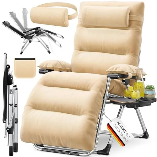 KESSER® Tumbona Plegable XXL, Resistente a la Intemperie, Capacidad de Carga 200kg, Tapizado Ergonómico, Respaldo Ajustable, Cojín Cervical, Portavasos y Cojín para Brazos, Basic - Beige