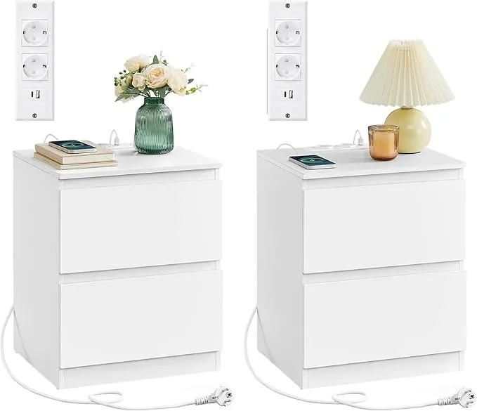 VASAGLE Mesita de Noche con Regleta de Enchufes, Juego de 2, Mesa Auxiliar, 2 Cajones, 2 Tomas AC, 1 Puerto USB-A, 1 Puerto USB-C, Sala de Estar, Dormitorio, Moderno, Blanco Nube LET821W02