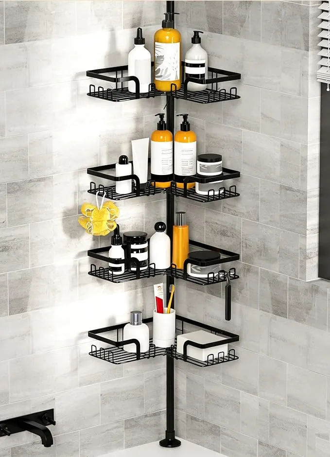 KEGII Estanteria Ducha Telescopica - Estantería Ducha sin Taladro Acero Inoxidable Estante de Ducha Esquinero Acero Inoxidable Estanteria para Ducha, Negro