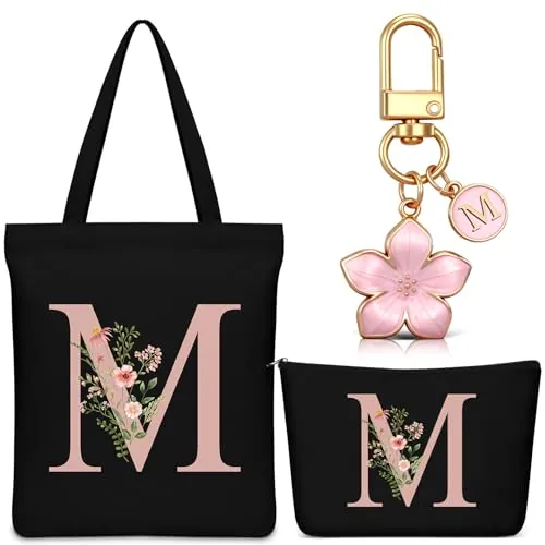 Hestya Set 3 Regalos para Mujer Bolso Tote Personalizado con Inicial Bolsa de Compras de Lona Neceser con Alfabeto Bolso de Maquillaje Llavero con Letra para Amiga Colega Cumpleaños Boda (Negro, M)
