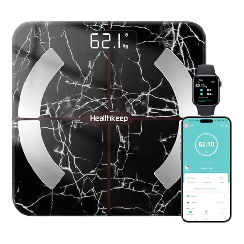 Bascula de Baño Bascula grasa corporal y muscular, Healthkeep Báscula de Baño con App (Marble black)