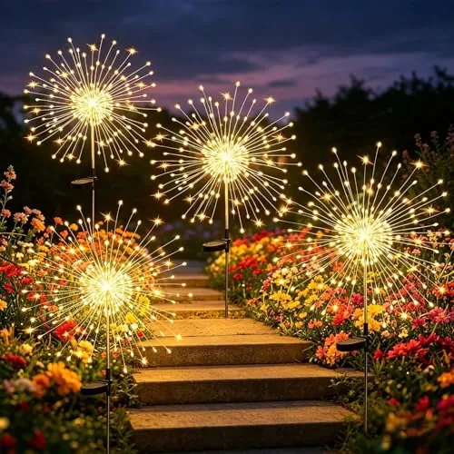 Joycome 4 Piezas 120 LED Luces Solares Exterior Jardin - Blanco Cálido | 8 Modos Luz Solar de Fuegos Artificiales, Impermeable lamparas Solar Exterior Jardin para Patio Balcón Macetero Boda Fiesta