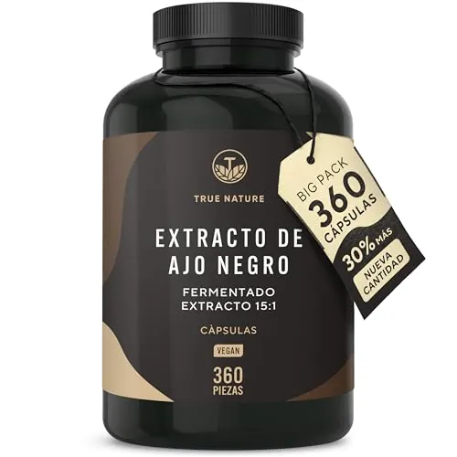 Ajo Negro 22500mg - 360 cápsulas - Sin Olor ni Sabor - Alicina - 14,89% polifenoles - con S-alilcisteína (SAC) - Fuente Natural de Antioxidantes y Flavonoides Extracto Natural Fermentado - TRUE NATURE