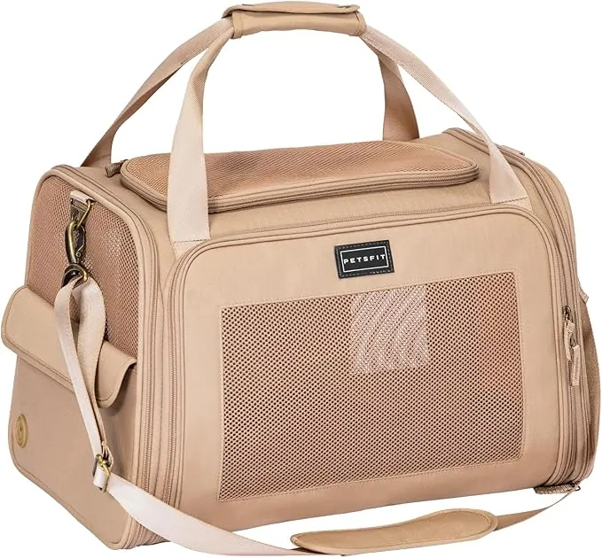 Petsfit Transportín Perro Gato Plegable Transportin Gato Bolso Perro Pequeño Transpirable con Tirantes Ajustables y Acolchado Suave Coche y Tren, M/Caqui