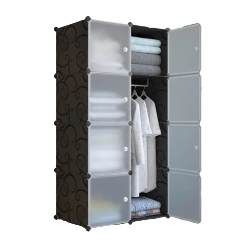 XOKOTAKI Armario Modular, Estantería de Módulos, Organizador Modular de Ropa Ropero para Hogar, Estante de Almacenamiento para Dormitorio, 8 Módulos, 1 Barra, 140x70 cm, Color Negro