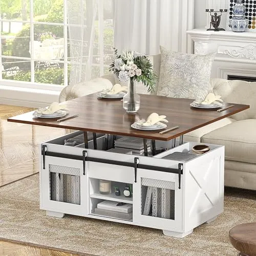 VOWNER Mesa de Centro Elevable, Mesa Extensible, Multifuncional 3 en 1 con Almacenamiento Oculto - Comedor, Convertible, Estilo Granja, Nogal