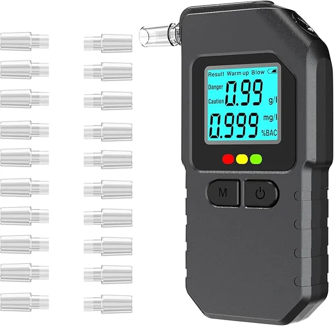 Alcoholímetro Homologado DGT, Test de Alcoholemia con Pantalla LCD y 20 Boquillas, Alcolimetros Personal para Uso Doméstico y Profesional Comprobador de Alcohol