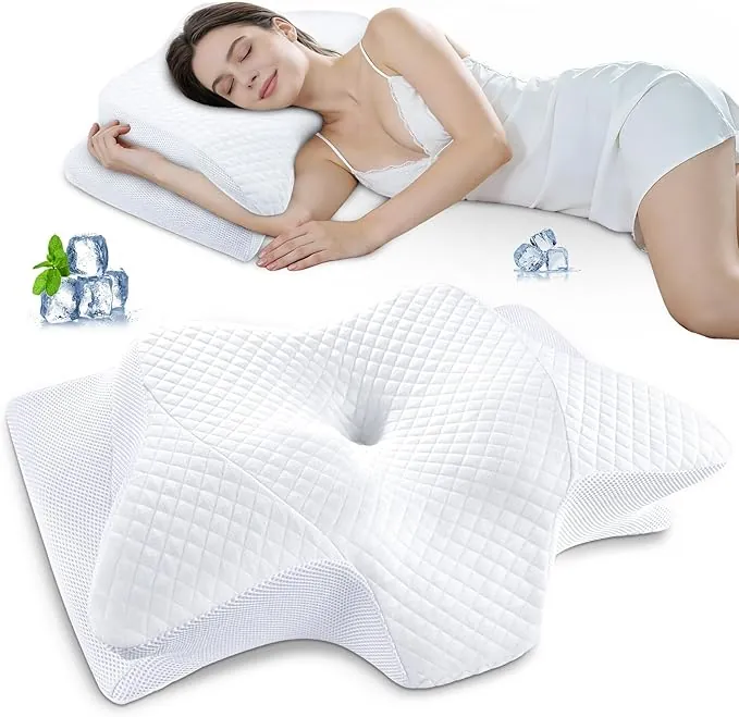 SAHEYER Almohada Cervical Ergonómica, Almohada Ortopédica para Dormir de Lado Almohada de Espuma con Memoria para Apoyar el Cuello Almohada para Dormir, 60x35,5x13/10CM, Blanco