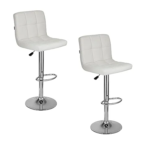 Baroni Home Juego de 2 Taburetes de Bar o Cocina de Tejido Acolchado, Ajustable y Giratorio De 360°, con Respaldo y Reposapiés, Estructura de Acero Cromado, Color Blanco de Piel Sintética