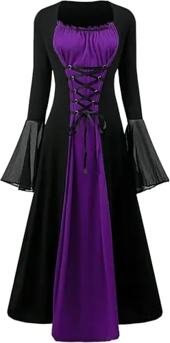 CNVAUIE Disfraz renacentista para mujer, vestido medieval con mangas de trompeta, vestido gótico, maxi vestido para carnaval, Halloween, fiesta (violeta, S)