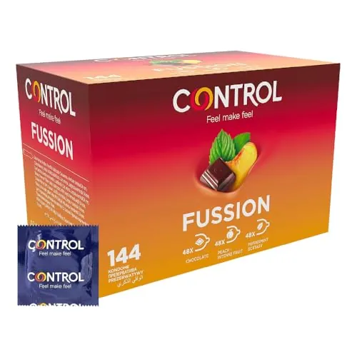 Control Fussion Preservativos Aromatizados Surtidos Chocolate Fresa Melocotón de Látex Natural - 144 Preservativos