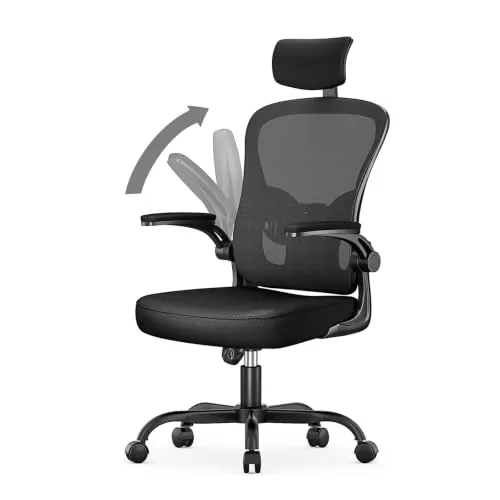 naspaluro Silla de Oficina Ergonómica, Respaldo de Malla Transpirable con Soporte Lumbar, Reposacabezas Ajustable, Reposabrazos Abatibles, Altura Regulable, Silla Giratoria para Oficina en Casa, Negro