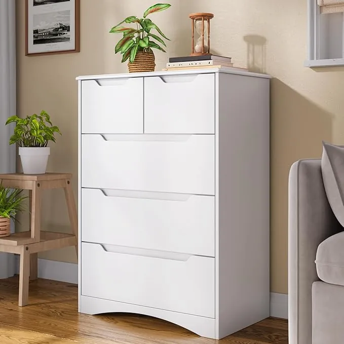 Cómoda con 5 Cajones, Cómoda para Dormitorio, Despacho, Salón, Dormitorio, Pasillo, Mueble, 72x41x94 cm (Blanco)