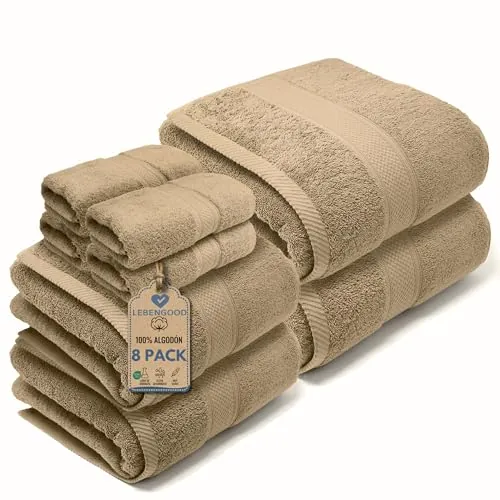 LEBENGOOD Juego de Toallas de Baño 8 Piezas Ducha Lavabo Tocador Algodón | 4 de 30x30, 2 de 50x90, 2 grandes 70x140, rizo 500 g/m², certificado Oeko Tex, suaves, idea para regalo