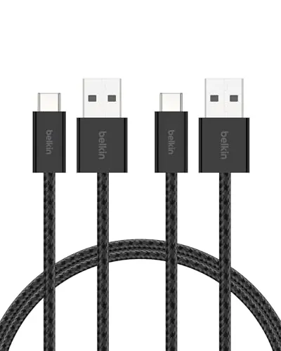 Belkin Paquete de 2 Cables Trenzados USB-A a USB-C de 1,5 m (15 W),carga rápida, cables de alimentación suaves y flexibles USB tipo C para iPhone 17 y 16,Galaxy S25, Pixel 10, iPad Pro y otros, Negro