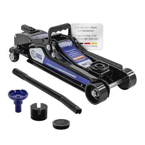 ECD Germany Gato Hirdráulico de Coche 2,5T, Altura de Elevación 80-360 mm, 2X Almohadilla de Goma + 1x Adaptador SUV, Levantador Negro con Rodillo 360° Ergónomico, Fácil de Usar