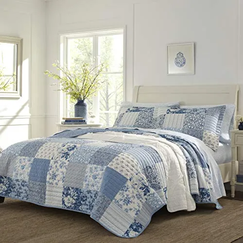 Laura Ashley - Juego de edredón King, Ropa de Cama Reversible de algodón con Fundas a Juego, decoración del hogar Inspirada en la Granja (Paisley Impreso Retazos Azul, King)