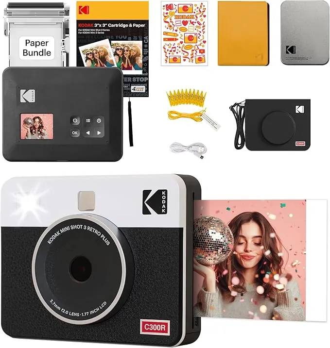 KODAK Mini Shot 3 Retro 4PASS 2-en-1 Cámara Instantánea e Impresora Fotográfica (7,6x7,6cm) + Paquete de Accesorios 68 Hojas, Blanco