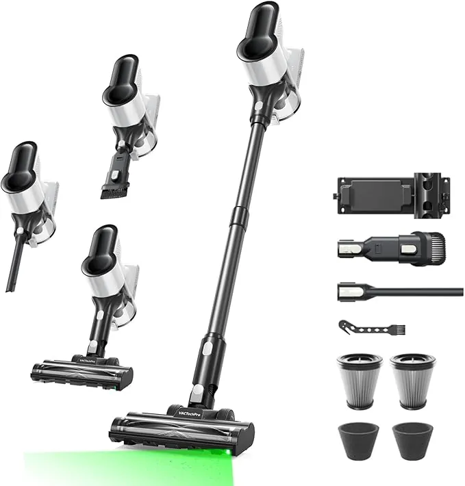 VACTechPro 550W/50Min/50KPA Aspiradora sin Cable F02 Lite, Escoba Aspirador sin Cable con Filtración de 8 Capas, Aspirador Vertical per Pavimenti/Tappeti/Peli, Aspirador sin Cable, Negro Y Blanco